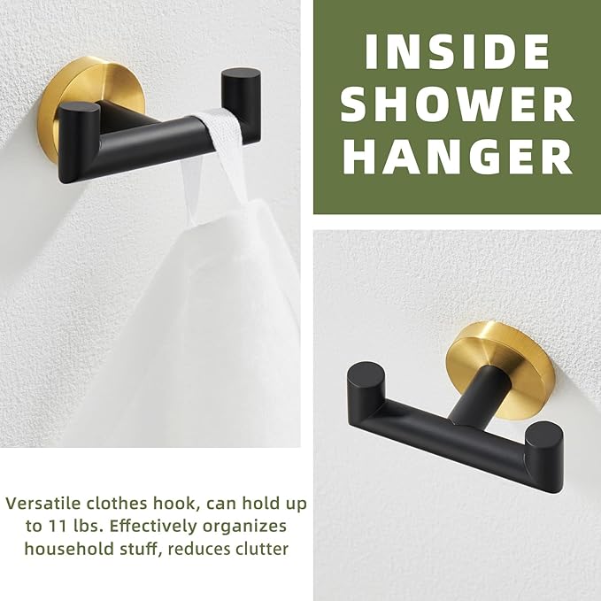 APLusee Black Gold Double Towel Hook, Stainless Steel Robe Hook for Bathroom, Wall Mounted