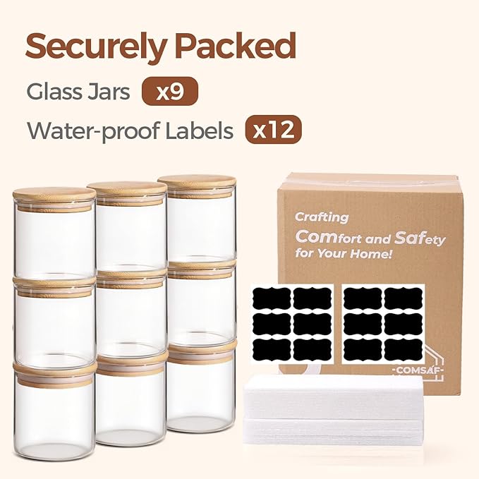 ComSaf 0.6 Qt Glass Food Storage Jars Set of 9, Clear Glass Storage Containers with Lids, Pantry Organization Jar, Spice, Blooming Tea, Oat, Coffee and Sugar Container, Small Canister Set for Kitchen-NeatNest