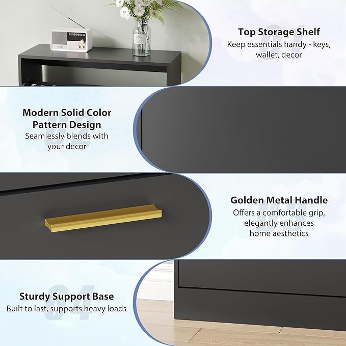 Shoe Cabinet with 2 Flip Drawers, Black Shoe Cabinet Storage for Entryway, Modern Shoe Organizer Wood, Freestanding Small Thin Shoe Racks with Doors, Black-NeatNest