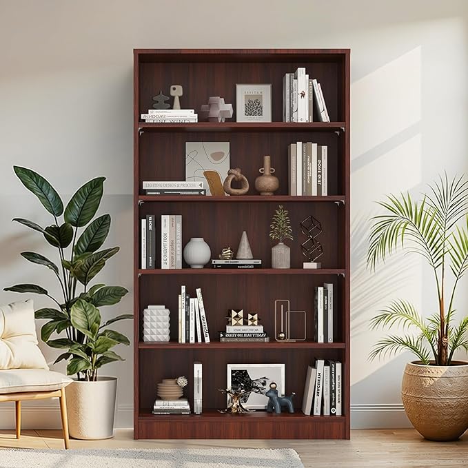Farini 60 Inch Tall 5-Shelf Bookcase, Wood Bookshelf Storage Organizer Adjustable Shelf for Home Office, Study Room, Easy Assembly,Mahogany