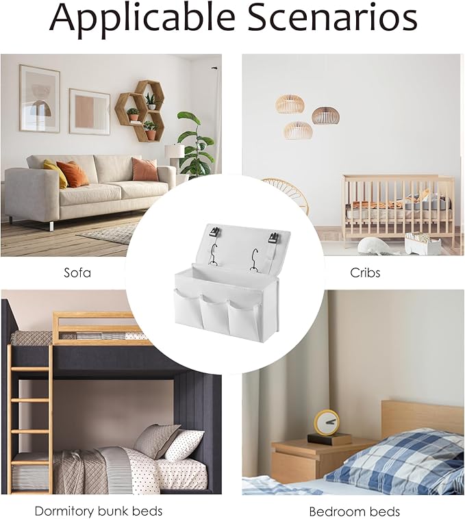 Bedside Caddy Bedside Storage Organizer,Bed Caddy With Thickened Material Suitable for Homes, Dormitories, Hospitals, Cribs, RVs,Great for Magazines,Books,Remote, Phone (white)-NeatNest