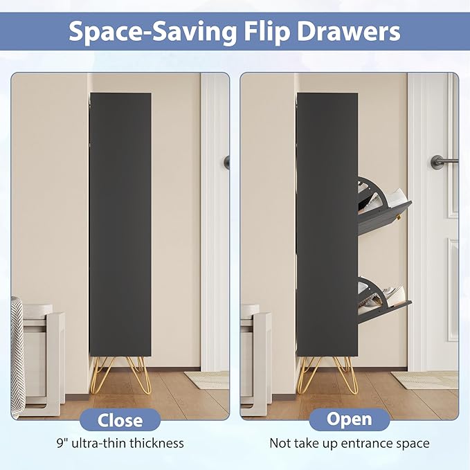 Shoe Cabinet with 2 Flip Drawers, Black Shoe Organizer Cabinet for Entryway Slim, Hidden Shoe Storage with Open Shelf & Metal Legs, Freestanding Tipping Bucket Shoe Rack Cabinet-NeatNest