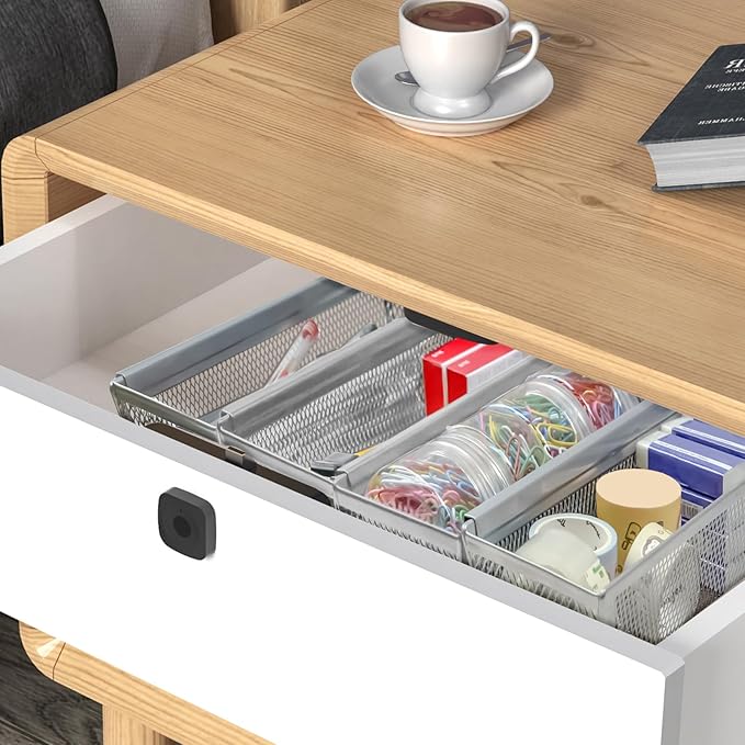 2PCS Drawer Organizer, Mesh Drawer Organizer with Interlocking Arm for Utensil, Cosmetic, Flatware, Pen (9 * 3 * 2 Inches, Grey)-NeatNest