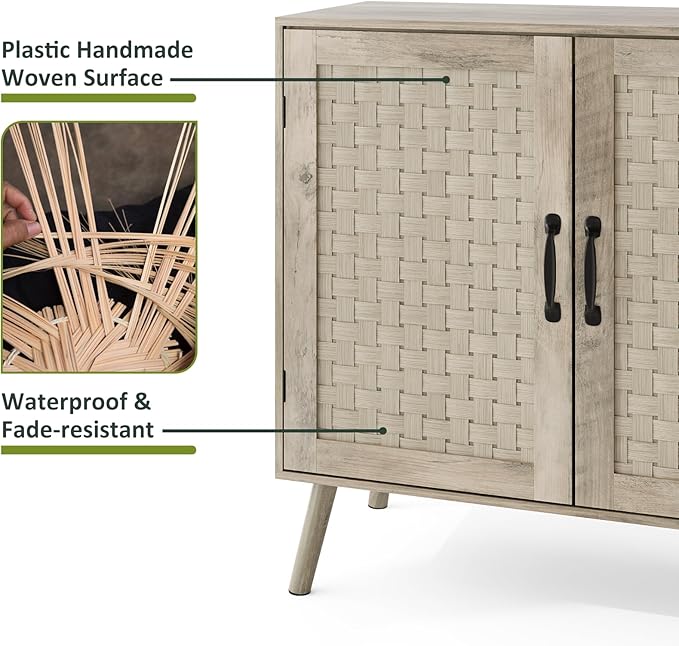 Farmhouse Sideboard Cabinet, Buffet Storage Cabinet with Handmade PVC Rattan Decor Doors & Adjustable Shelf, Wood Accent Table Coffee Station for Kitchen, Living Room, Entryway, Grey Oak-NeatNest