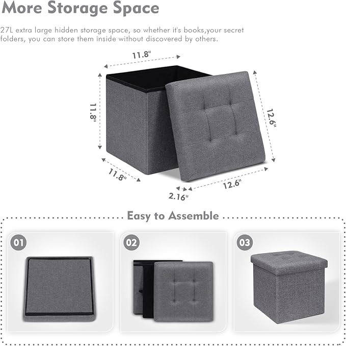 B FSOBEIIALEO Storage Ottoman Cube, Toy Chest Folding Foot Rest Seat, Linen Grey 12.6"X12.6"X12.6" (2 Pack)