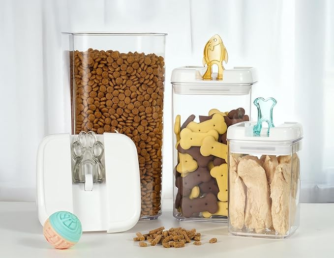 Felli Flip Tite Pet Food Container with Airtight Lids, BPA FREE Acrylic Canister with Paw Bone Fish Flip Top Handles for Cat Dog Kibble Treats Storage, Keep Fresh (Pet Collection Nest-L3pk)-NeatNest