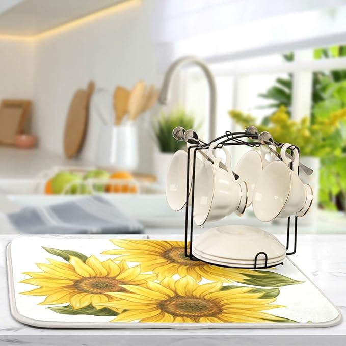 Absorbent Dish Drying Mat for Kitchen Counter - Yellow Sunflower Microfiber Drying Pad, Reversible Drainer Mats for Countertop, Small 16" x 18"