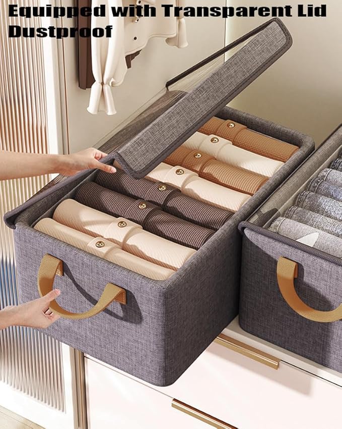AARAINBOW Closet Clothes Organizer Bins 4 Pc, Fabric Box Storage Shelf Bins Stackable, Foldable Closet Shelf Storage Container with Lid, Fabric Storage Bin with Steel Frame, 23L (4 Gray with Lid)-NeatNest