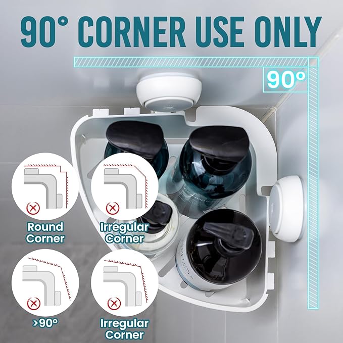 TAILI Corner Shower Caddy with Suction Cups, Wall Mounted Organizer Plastic Rack for Small Bathrooms, Kitchen, Removable Drill-Free Heavy Duty Shelf Basket, White