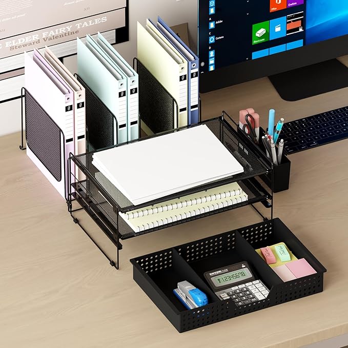 Desk Organizer, Office Organization with Vertical File Holder, File Organizer with Drawer and Pen Holder, Desk Accessories and Workspace Organizers for Home Office (Black)-NeatNest