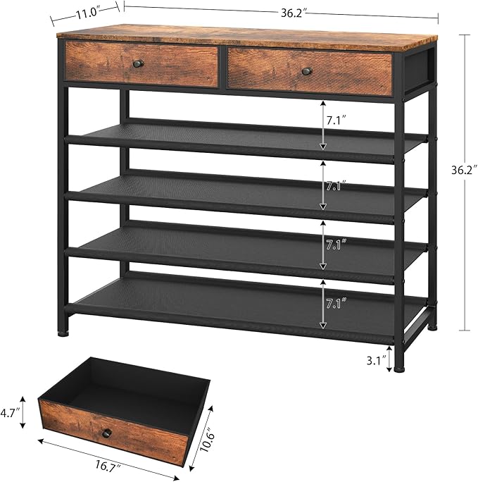 usikey Shoe Rack, 5 Tier Shoe Storage Organizer with 2 Drawers, Metal Shoe Shelf for 16-20 Pairs of Shoes, with 4 Fabric Shelves and Wooden Top, Shoe Stand for Closet Entryway, Rustic Brown-NeatNest