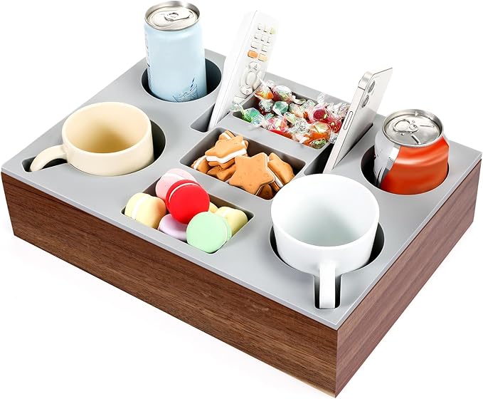 Yerliker Couch Cup Holder Tray, Silicone Couch Caddy Waterproof Anti-Spill Sofa Cup Holder for Sofa Bed Car Seat Organizer, Christmas Hold Mugs, Drinks, Snacks, Phones, Remotes (Grey,Acacia)-NeatNest