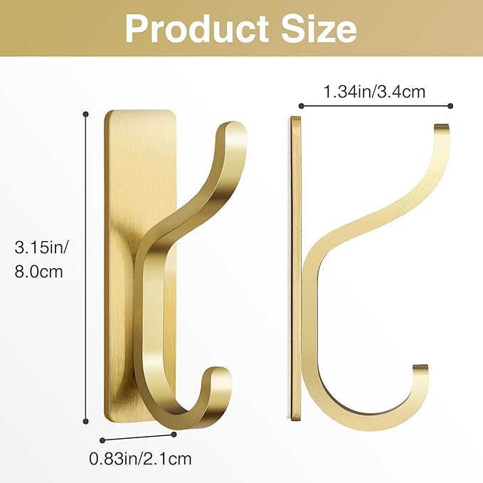 10-Pack Self Adhesive Wall Hooks for Hanging - 13 LB Strong Hold, Sticky Hangers for Coat, Towel, Purse, Keys, Bag - for Wall, Door, Bathroom, Shower, Dorm, Kitchen - Stainless Metal, Gold