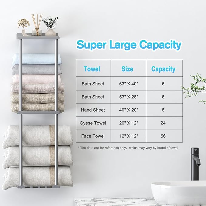 Towel Rack Storage for Bathroom, Wall Mounted Vertical Rolled Towel Organizer Holder with Shelf, Holds Up 6 Large Bath Sheets, Silver Grey