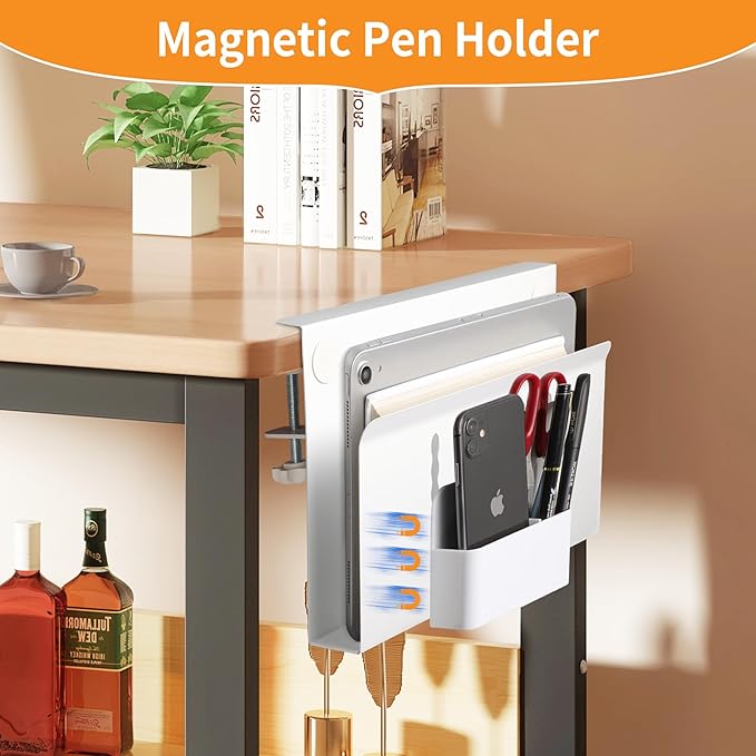 Desk Side Storage Under Desk Laptop Holder, No Drill Hanging Desk Organizer with Pen Holder, Clamp-On Table Side Tray Desktop Organization Mount for Office and Home (White)-NeatNest