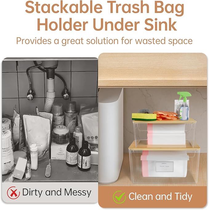 2 Pack Trash Bag Holder Under Sink Stackable, Plastic Garbage Dispenser with Lid, Trash Bag Storage Dispenser Roll Holder for Kitchen, Pantry, Laundry Room Organization-NeatNest