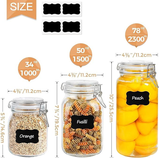 ComSaf Airtight Glass Canister Set of 3 with Lids 34oz Food Storage Jar Square - Storage Container with Clear Preserving Seal Wire Clip Fastening for Kitchen Canning Cereal,Pasta,Sugar,Beans,Spice-NeatNest