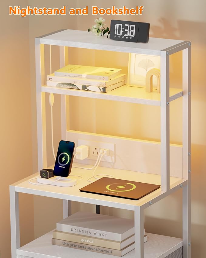 Furnulem Night Stand, Tall Bed Nightstand with 4-Tier Shelves, 2 PU Fabric Drawers and Light Tube, Bed Side Tables with Charging Station, Bedside Table for Bedroom, White