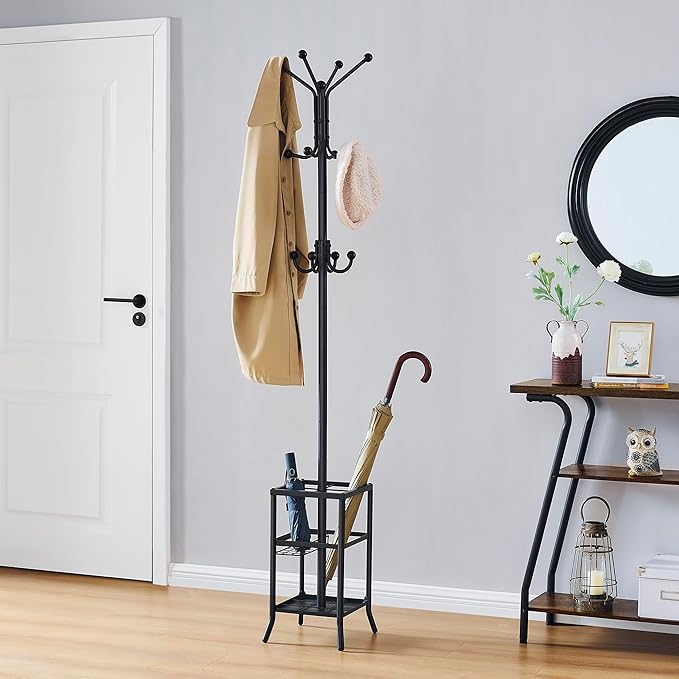 FAVOOSTY Coat Rack Freestanding,Coat Rack Stand with Umbrella Holder,Metal Coat Tree with 12 Hooks,Tree Clothes Hat for Entryway, Hallway, Bedroom, Living Room & Office -Black-NeatNest