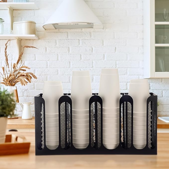 Maxcheck Metal Mesh Cup and Lid Holder Coffee Paper Cup Dispenser Lid Holder Storage Organizer Countertop or Wall Mount for Coffee Bar, Kitchen, Breakroom (4 Compartments)
