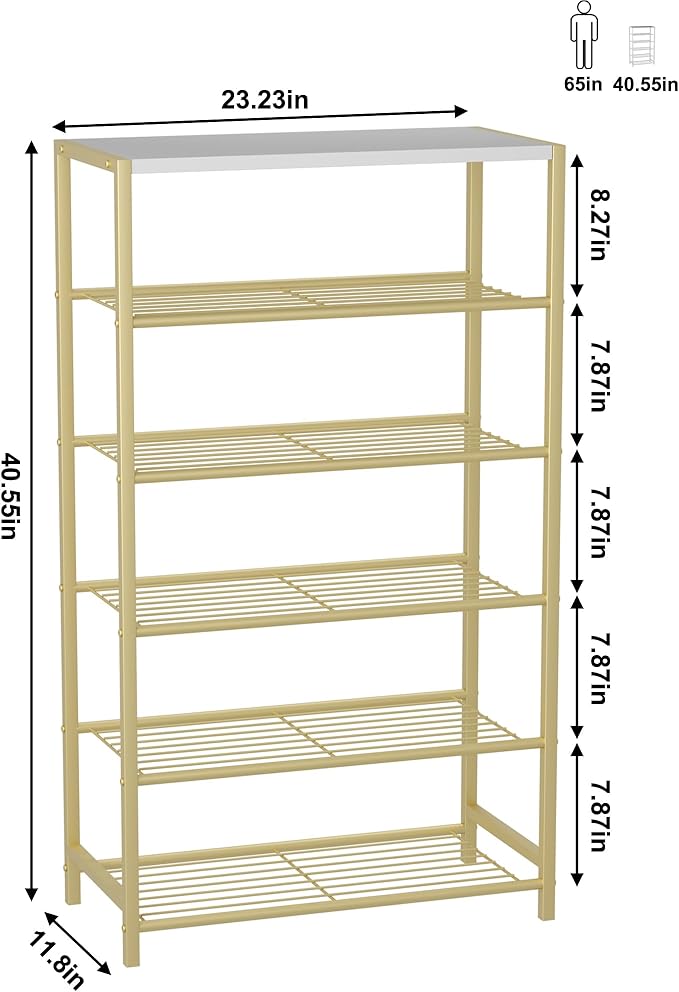 HOMEFORT Shoe Rack 6-Tier, Shoe Storage Shelf, Industrial Shoe Tower, Narrow Shoe Organizer for Closet Entryway, Small Shoe Rack Table with Durable Metal Shelves,Gold-NeatNest