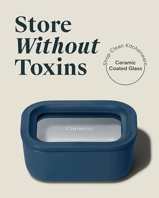 Caraway Mini Rectangle Food Storage Container - 2.6 Cup Glass Storage Container for Food - Non-Toxic Ceramic-Coated Glass - Air Release Technology - Compact & Stackable Design - Navy-NeatNest