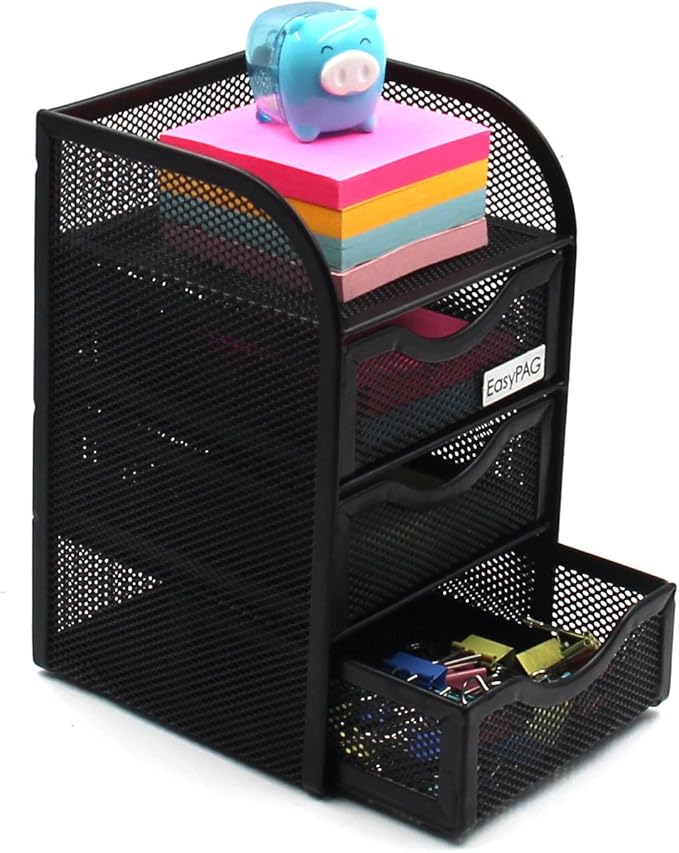 EasyPAG Mesh Desk Organizer with 3 Drawer Office Desktop Organizers and Accessories Stationery Caddy for Office, Home, Students, Black