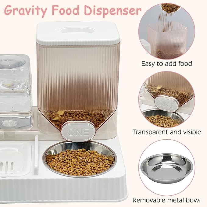 Fhiny Gravity Cat Feeder & Water Dispenser, 2 in 1 Automatic Puppy Waterer Removable Stainless Steel Food Bowls Set Self Feeding Pet Food Storage for Cat Kitten Puppy Easy Clean (White)-NeatNest