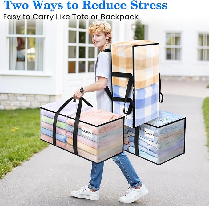 BlissTotes 8-Pack Large Moving Bags with Backpack Straps & Strong Zippers, Heavy-Duty Storage Bags Moving Boxes for Space Saving, Dorms, Transport, 93L-25 Gallons, Clear-NeatNest