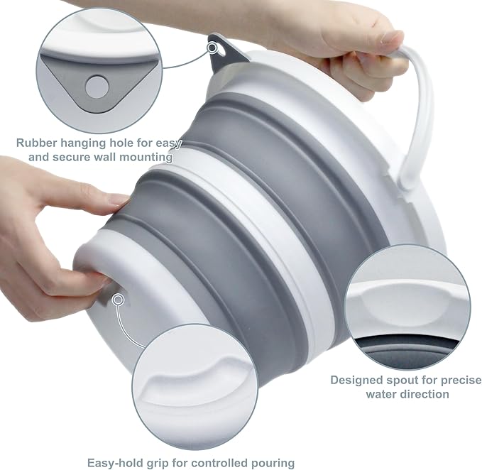 2-Pack Small Collapsible Bucket 1.3 Gal/5L, BPA-Free - Space-Efficient, Portable Foldable Water Pail for Household, Outdoor Use, Car Wash, Camping, Fishing - Duo Colors Grey & Blue