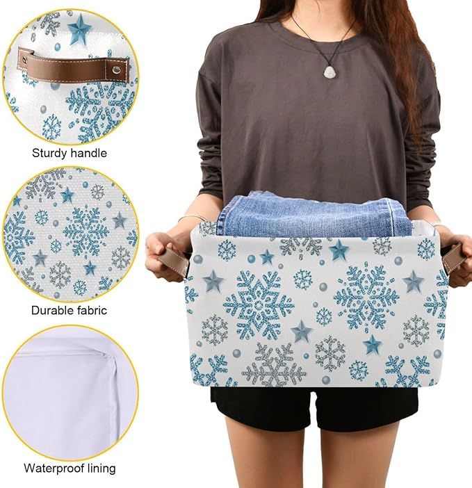 Bolaz Christmas Snowflake Storage Basket,Blue White Snowflakes Large Storage Bin Fabric Collapsible Organizer Bag with Handles 15x11x9.5 inch-NeatNest