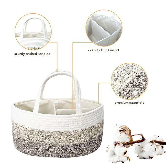 Baby Diaper Caddy Organizer, Large Cotton Rope Nursery Diaper Basket, Changing Table Organizer, Portable Tote Bag with Divider, Car Storage, Baby Shower Gifts for Newborn Girls - Gradient Brown
