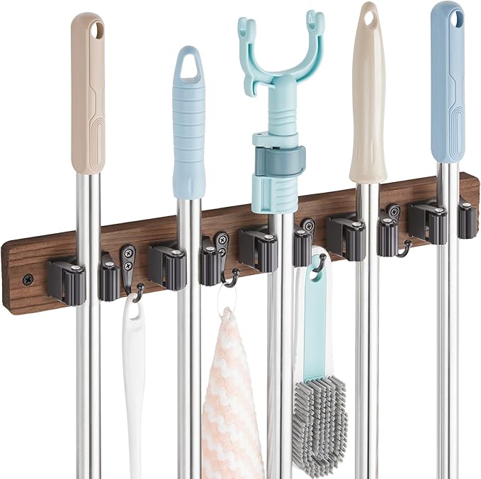 Mop and Broom Holder Wall Mount - Wood Broom Mop Hanger - Wall Mounted Garden Tool Rack Organizer for Closet Garage Laundry Room for Rustic Kitchen Decor With 5 Slots & 4 Hooks-NeatNest