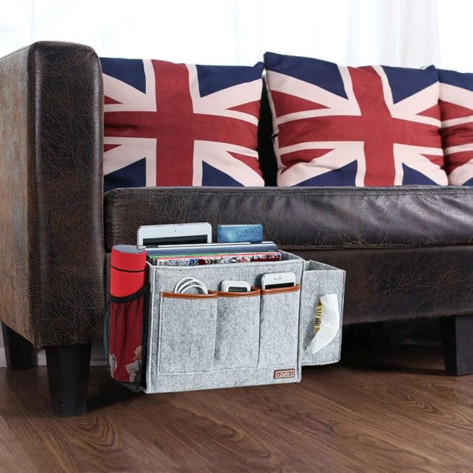 Bedside Caddy, Large Size Bedside Storage Organizer Bedside Organizer Caddy for Magazine Remotes Phone (13.4'' x 18.1'' Tissue box holder, Light Grey)-NeatNest