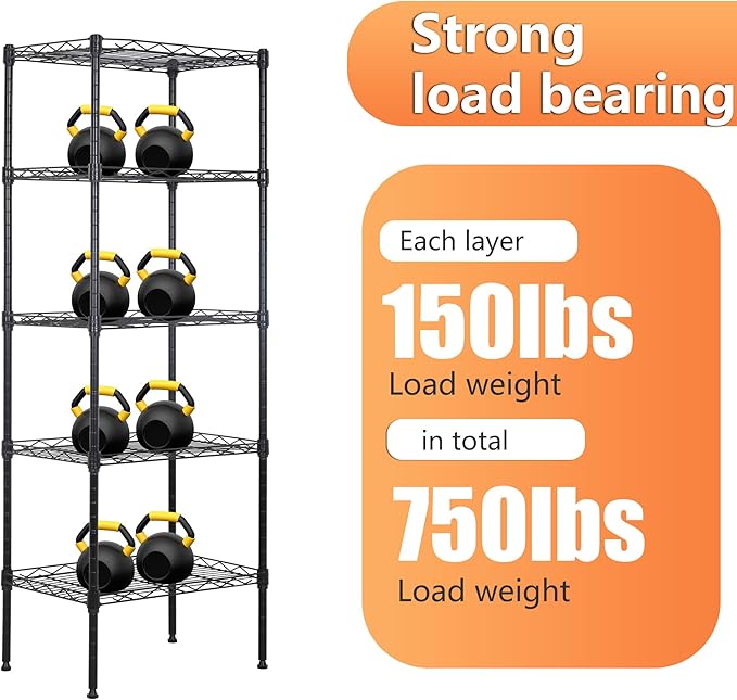 BestOffice 5 Tier Garage Shelving Heavy Duty Metal Shelves 17”D x 12”W x 48”H Easy Assemble Storage Shelves NSF Certified Wire Shelving with Leveling Feet for Garage Home Office, Black-NeatNest
