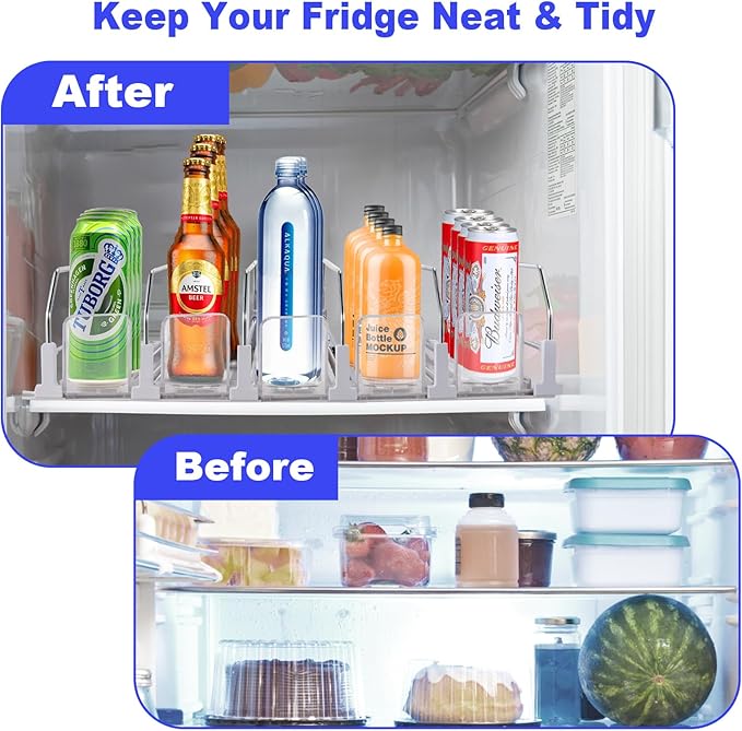 Drink Organizer for Fridge (Adjustable Width), 16.5” D Soda Can Fridge Drink Organizer, Refrigerator Beverage Organizers and Storage, Drink Dispenser Pop Can Holders for Fridge (5 Rows)
