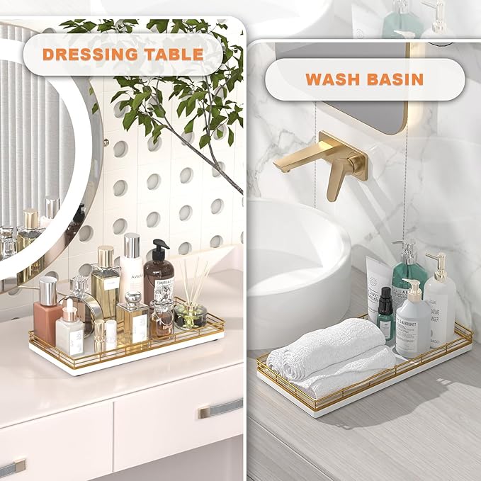 Bathroom Toilet Tank Tray, 13" Wood Toilet Paper Storage Basket Tray Back of Toilet Basket Organizer,Vanity Tray for Perfume Makeup Candle Decor, Gold & White-NeatNest