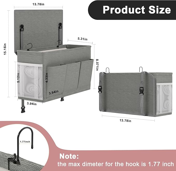 Dual-purpose Bedside Caddy Bedside Organizer, Bed Caddy with 6 Pockets, Versatile Bedside Storage Solution Magazine Remotes holder, ideal for Home, Dorm, Hospital, Crib Bed (Grey)-NeatNest