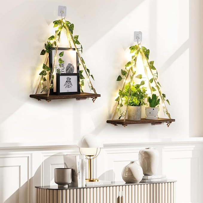 Floating Shelves for Wall No Drilling,Wall Dcorations Art,Hanging Shelf,Leaves and Light Strip with Flower,Set of 2 Plant Decor for Home House Livingroom Bedroom Officer,Boho Decor,Gifts for Woman-NeatNest