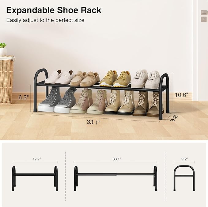 STO STO Expandable Shoe Organizer, 1-Tier Metal Shoe Rack for Closet, Up to 8 Pairs Adjustable Storage for Front Door Entrance, Free Standing Organizer for Entryway, Black-NeatNest