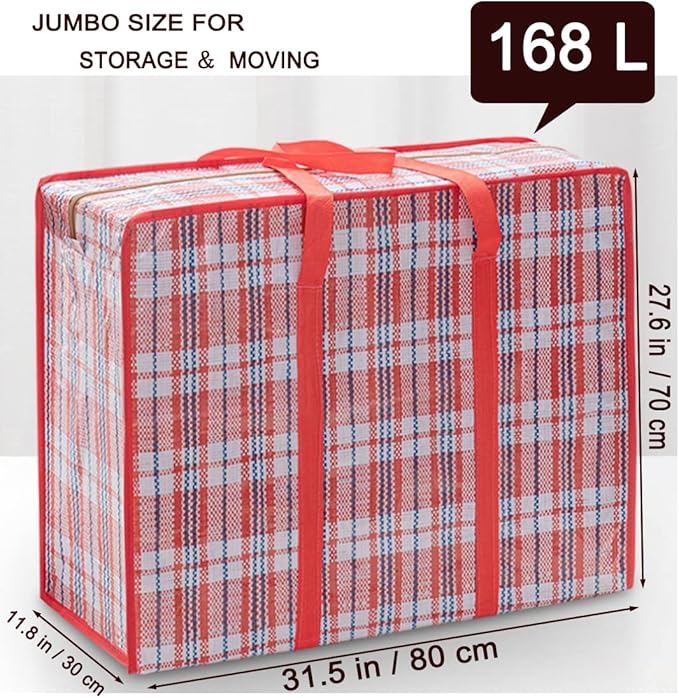 Heavy Duty Jumbo Moving Bags, 168L Oversize Organizer Storage Bags With Durable Zippers for Clothes Comforter Pillow, Water-proof Totes for Carrying Camping Bedding (Set of 4) Red
