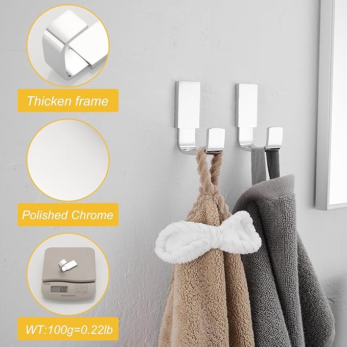 BESy Brass Clothes Hook Single Towel Hook for Bathroom Kitchen Garage Square Style Robe Hooks Coat and Hat Hook, Self Adhesive with Glue or Wall Mounted with Screws, Two Packs, Polished Chrome-NeatNest