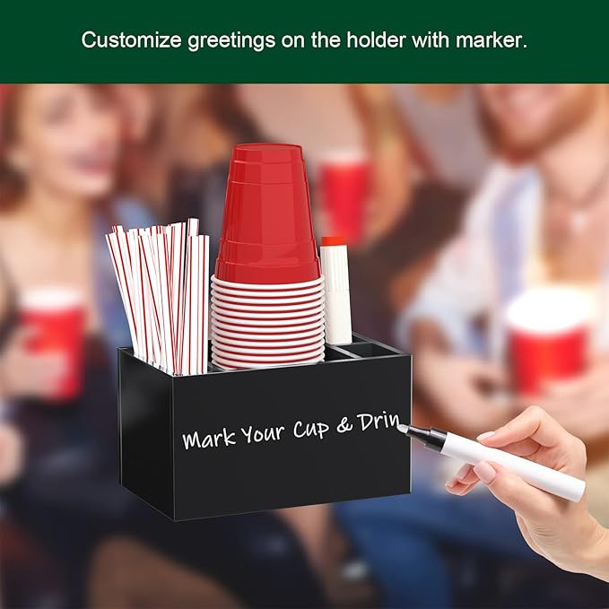 Cup Holder With Marker Slot, Party Dispenser Acrylic Organizer, Mark Your Drink Caddy, Modern Bar Counter Decor, Black-NeatNest