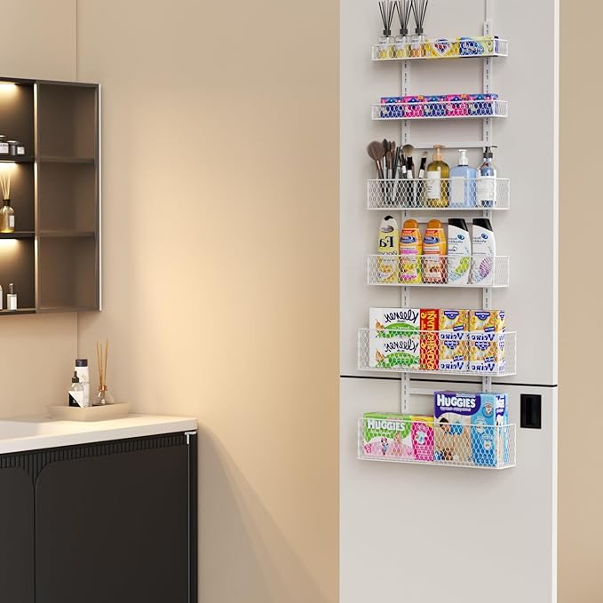 6-Tier Over The Door Pantry Organizer,Hanging Spice Rack with Adjustable Basket,Over Door Racks,Pantry Organization And Storage, Laundry Room,Bathroom,Large Capacity,D5.3xW15.7xH60.9in