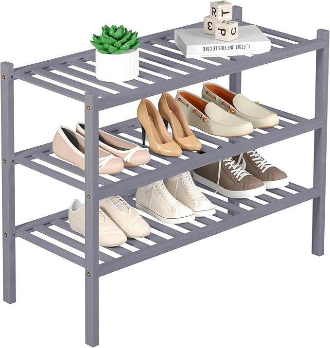 3 Tier Bamboo Shoe Rack for Closet Free Standing Wood Shoe Shelf Storage Organizer for Entryway Small Space Stackable 27"x11"x20" (Grey)-NeatNest