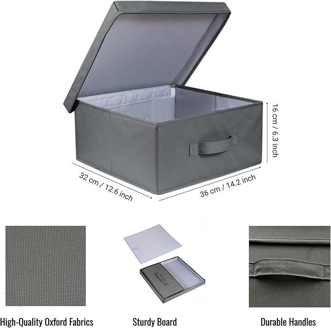 2 Pack Collapsible Storage Bins - Fabric Storage Bins with Lid for DVD Storage, Memory Box, Versatile Closet Storage Bins (Dark Grey, 14.2" L x 12.6" W x 6.3" H)-NeatNest