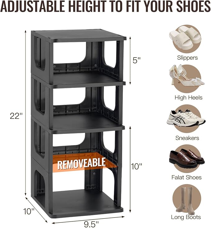 TRZZ 8-Tier Small Shoe Rack, Vertical Narrow Stackable Organizer with Removable Partition, Efficient Shoe Storage for Closet, Entryway, and Small Spaces (Black)-NeatNest