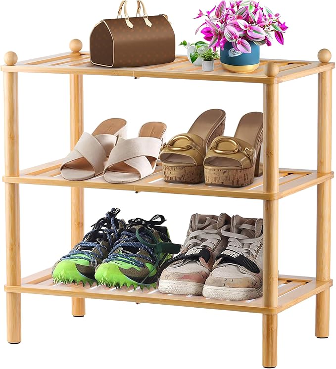 3-Tier Shoe Rack,Shoes Organizer,for Front Door Entrance, Free Standing Shelf Entryway and Closet Hallway, Small Space Stackable Bamboo Multifunctional Racks-NeatNest