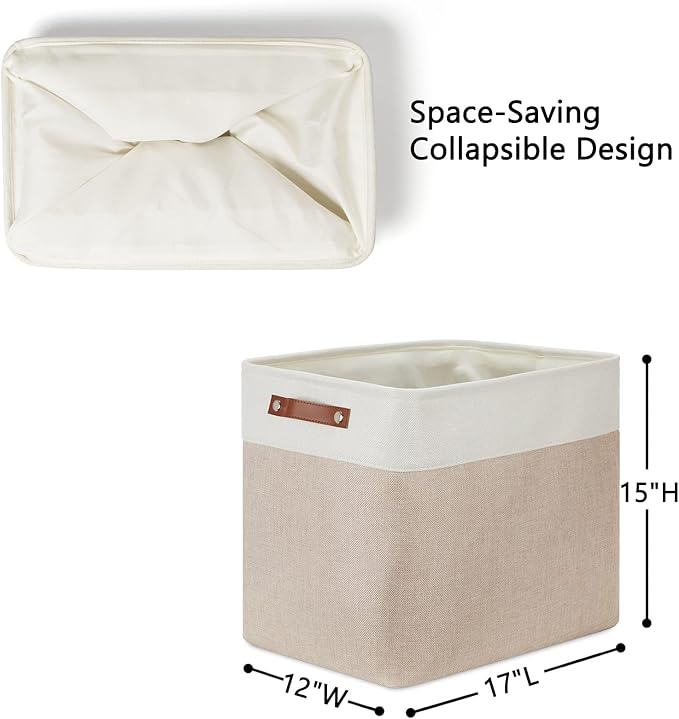 DULLEMELO Large Collapsible Storage Basket/Bin with Sturdy Leather Handles, Fabric Organizer Bin for Storage Clothes, Toys, Books, Office, Bedroom, Closet, Nursery & Laundry (White&Khaki)-NeatNest