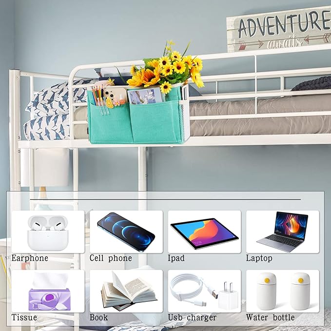 Bedside Caddy Bedside Storage Organizer Hanging Bunk Bed Dorm Room with Side Pockets for Water Bottles, Books, Cell Phones, Headphones 2 Pack (Light Blue)-NeatNest
